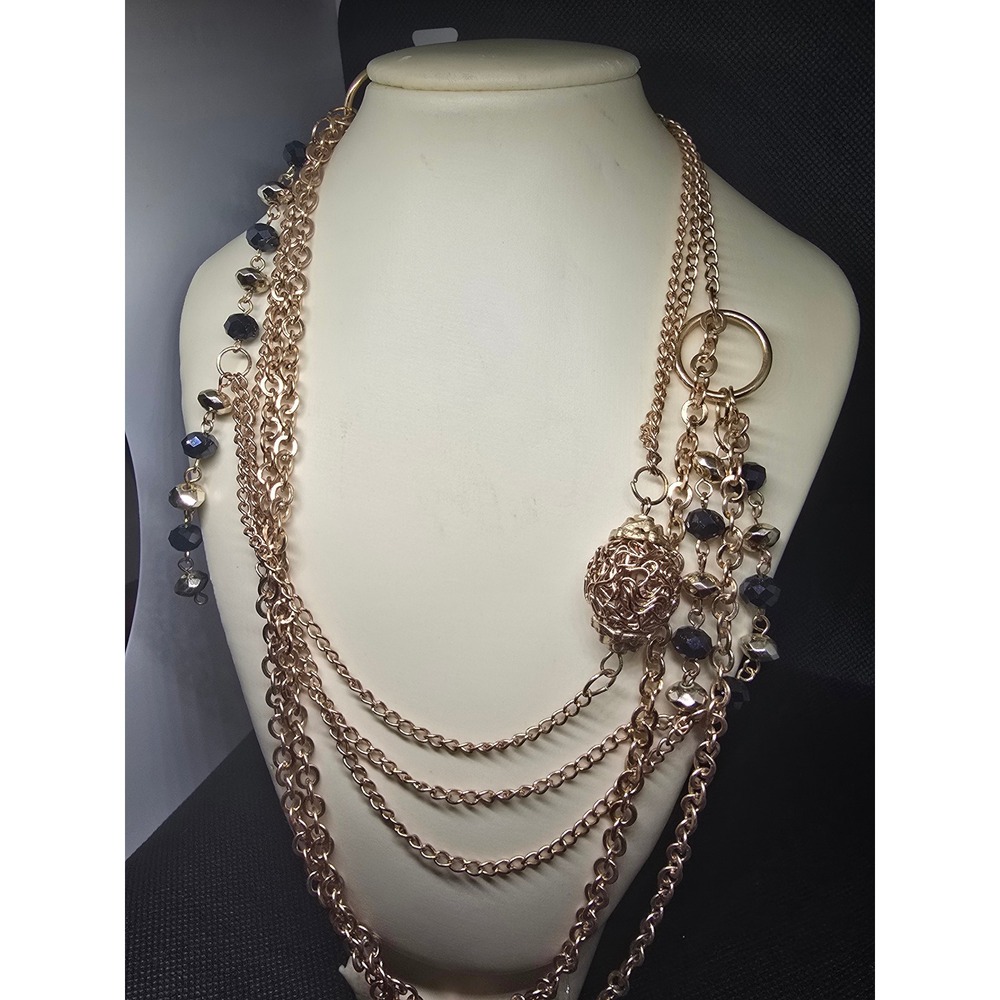 Rose Gold Tone Multi Strand Layered Statement Necklace Black Beaded Asymmetrical